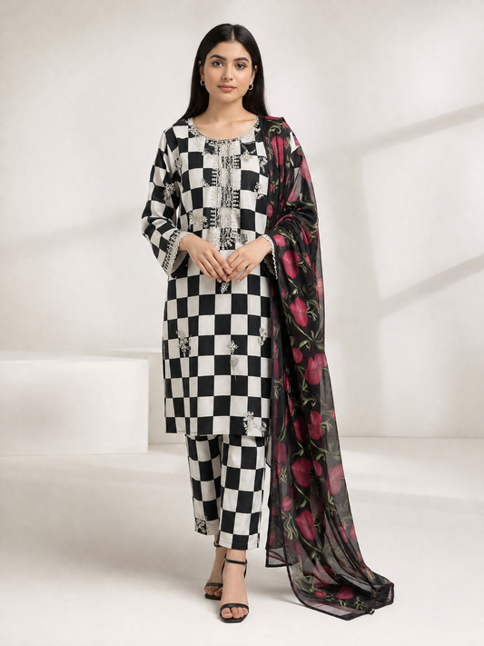 Women’s Unstitched 3 Piece Printed Suit with Chiffon Dupatta