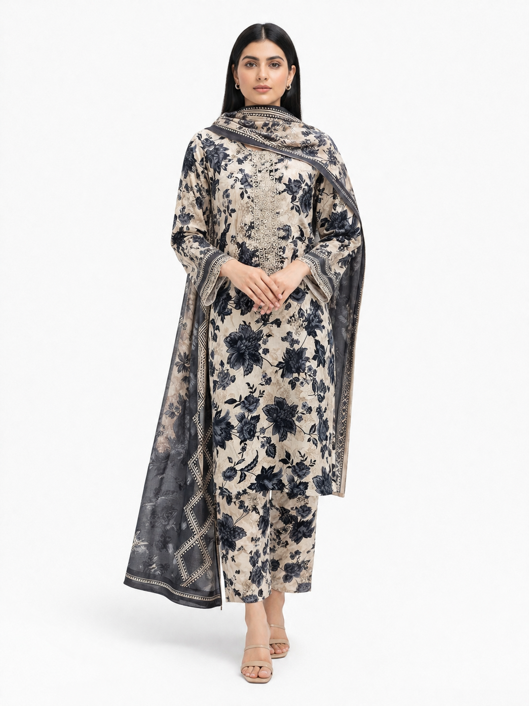 Women’s Unstitched 3 Piece Printed Suit with Chiffon Dupatta – Floral Design