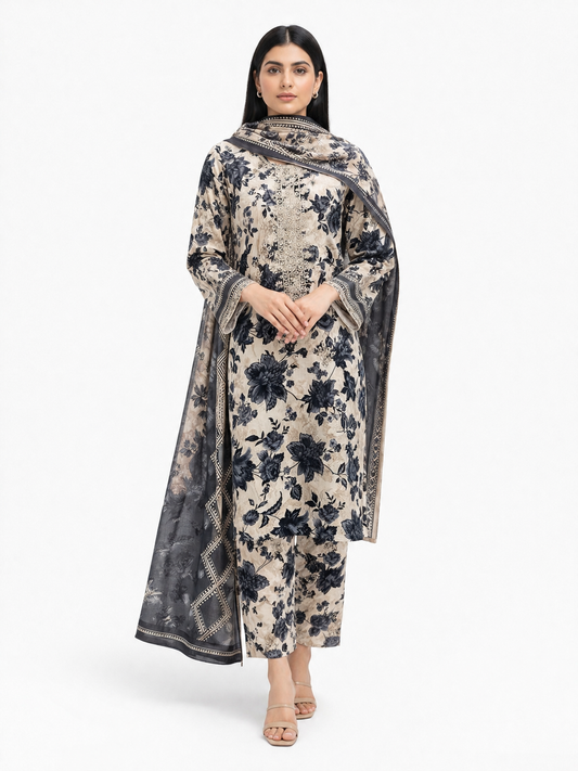 Women’s Unstitched 3 Piece Printed Suit with Chiffon Dupatta – Floral Design