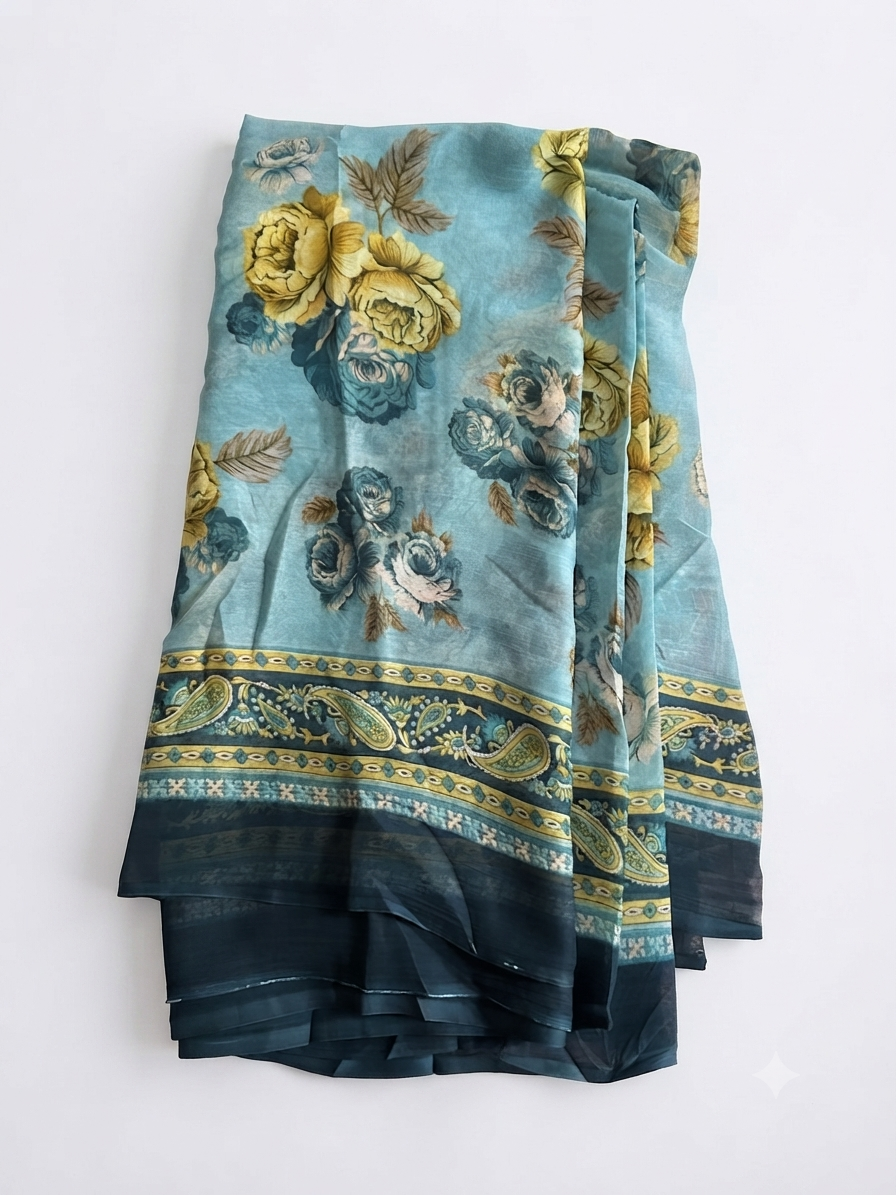 Women’s 3 Piece Unstitched Embroidered Lawn Suit with Printed Chiffon Dupatta – Beige & Teal Floral