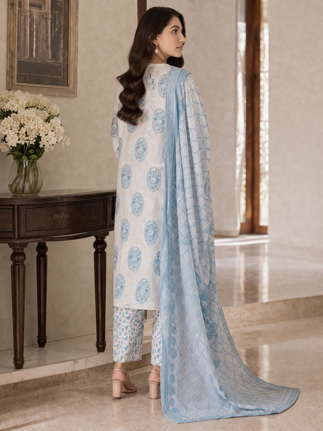 3 Piece Printed Lawn Suit with Printed Chiffon Dupatta – Grey & Pink Floral Design