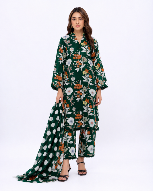 Dark Green Floral Printed 3 Piece Lawn Suit with Polka Dot Chiffon Dupatta | Premium Summer