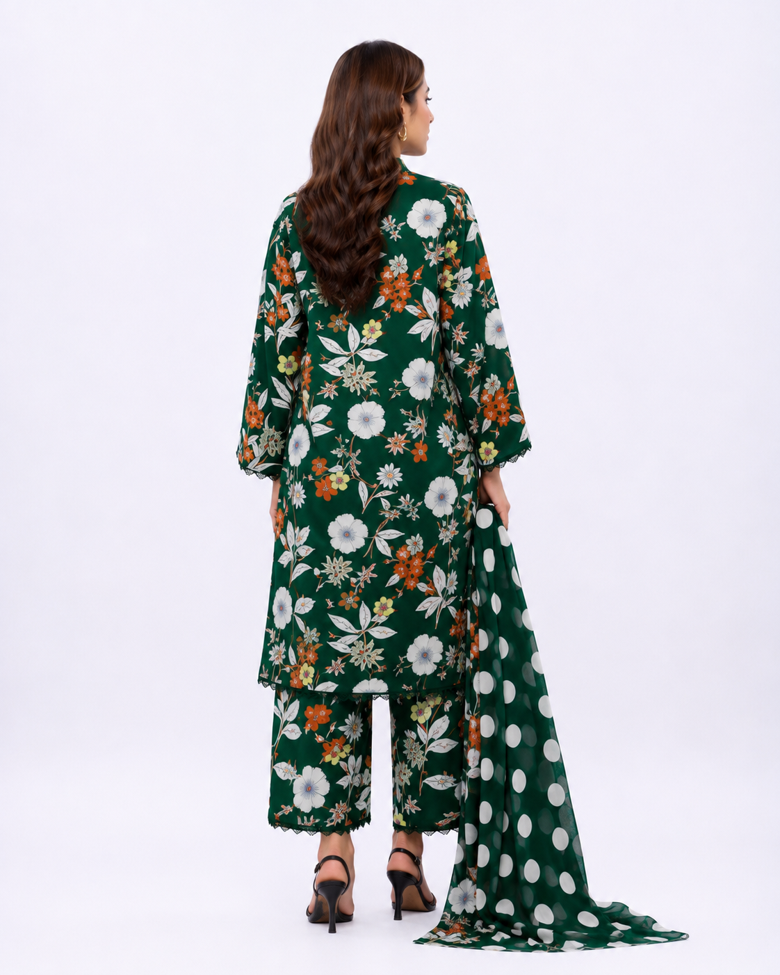Dark Green Floral Printed 3 Piece Lawn Suit with Polka Dot Chiffon Dupatta | Premium Summer