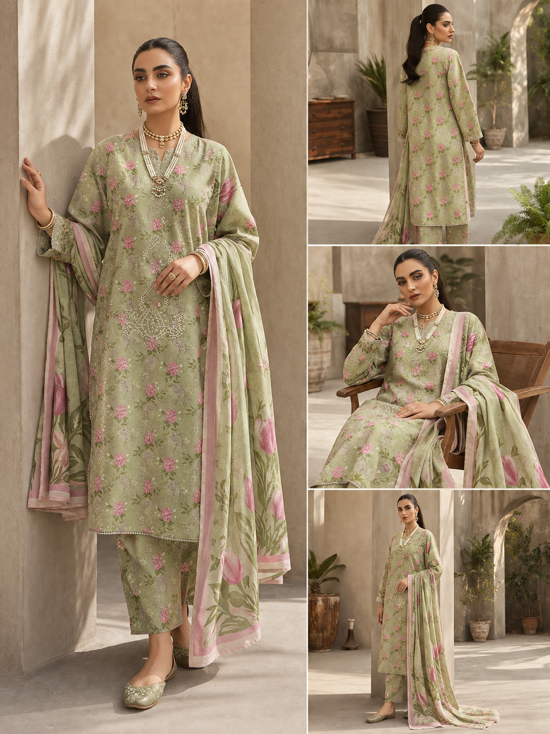 3 Piece Printed Lawn Suit with Printed Chiffon Dupatta – Olive Green Floral Summer Collection