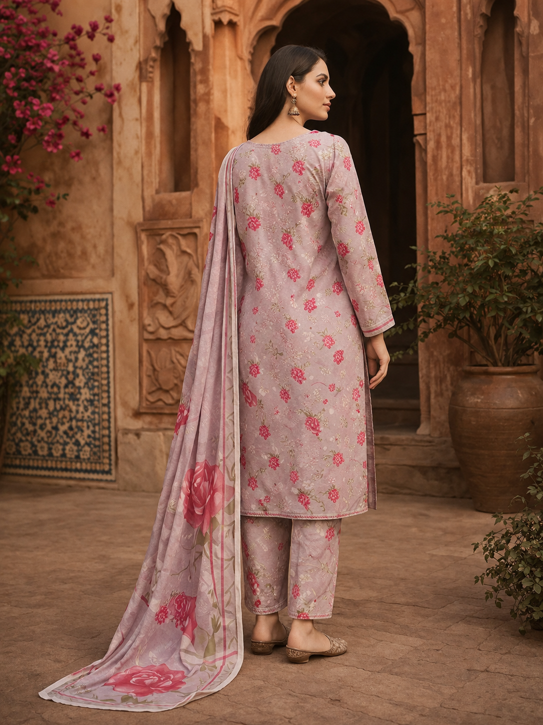 3 Piece Printed Lawn Suit with Printed Chiffon Dupatta – Grey Pink Floral Summer Collection