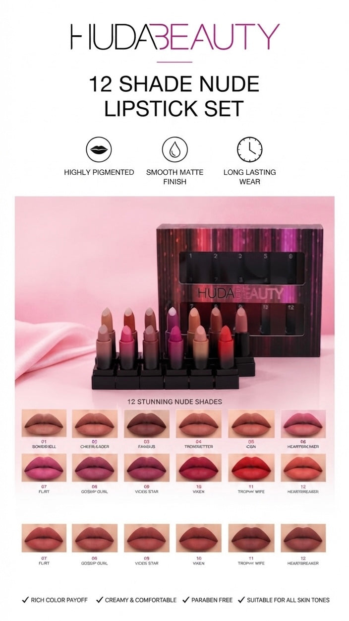 Huda Beauty 12-Shade Nude Lipstick Set | Highly Pigmented Matte Finish Lipstick Kit