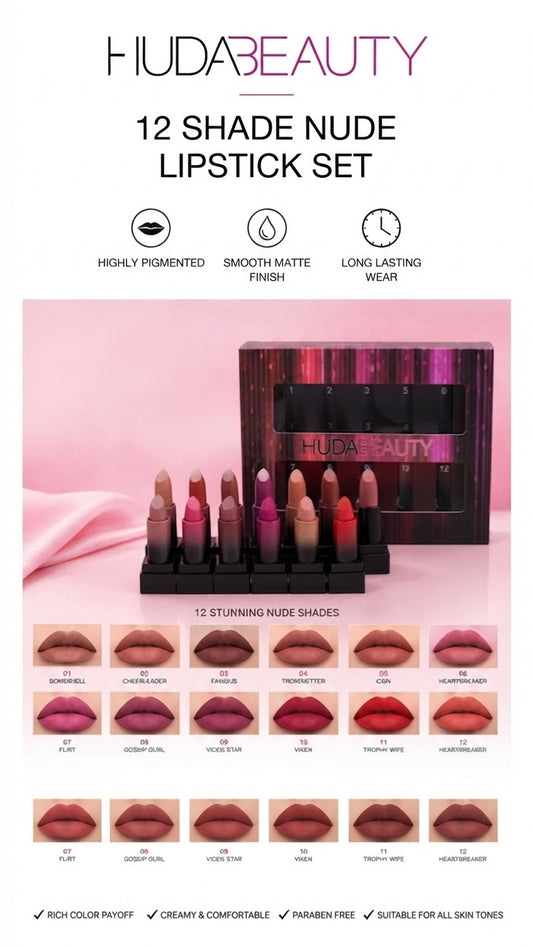 Huda Beauty 12-Shade Nude Lipstick Set | Highly Pigmented Matte Finish Lipstick Kit