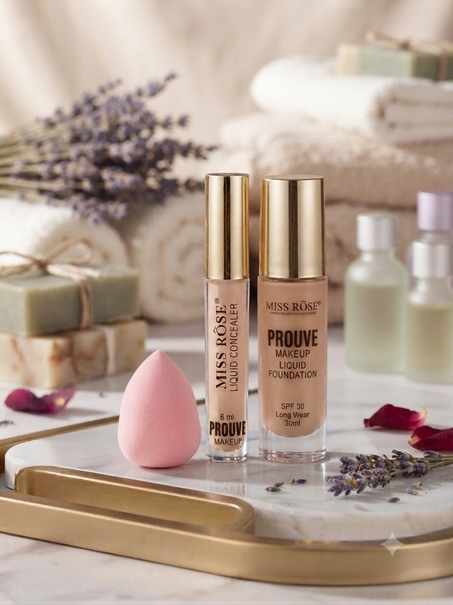 Miss Rose Professional Flawless Makeup Trio – Liquid Foundation, Concealer & Beauty Blender