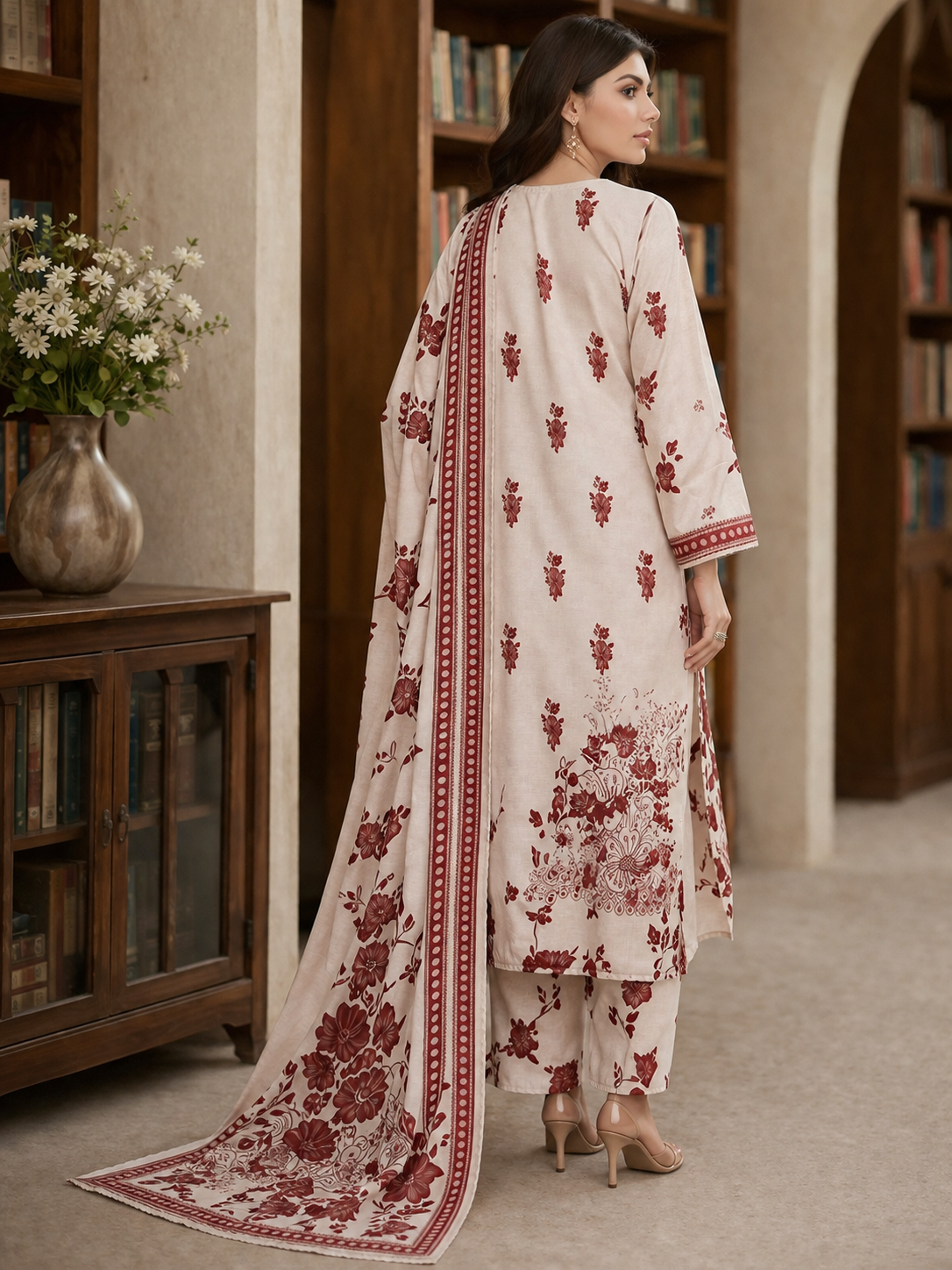 3 Piece Printed Lawn Suit with Printed Chiffon Dupatta – Elegant Embroidered Neck Design (Maroon & Cream)