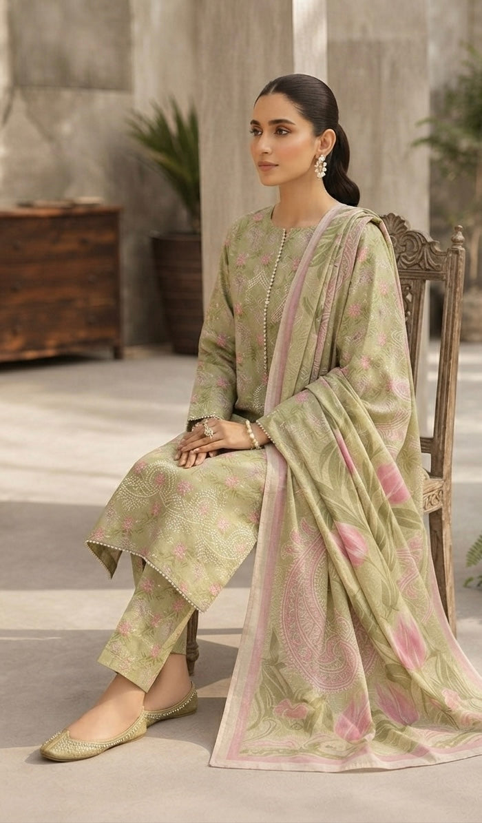 3 Piece Printed Lawn Suit with Printed Chiffon Dupatta – Olive Green Floral Summer Collection